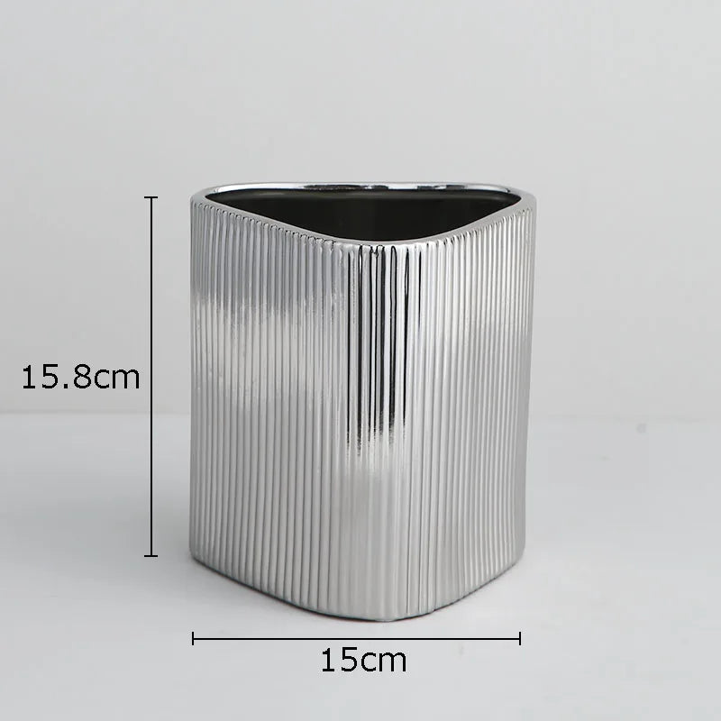 Silver-plated Vertical Grain Ceramic Vase Desk Decoration Geometric Shape Floral Vases Flower Pots Decorative Arrangement